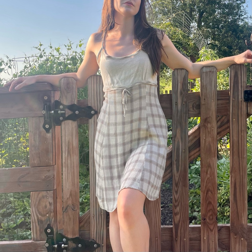 90s Vintage Plaid Babydoll Linen Blend Boho Cottagecore Grunge Summer Mini Dress